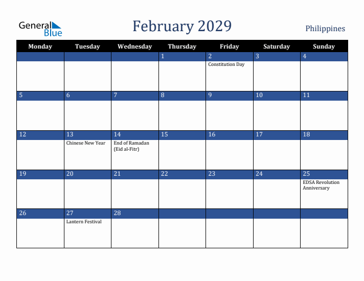 February 2029 Philippines Calendar (Monday Start)