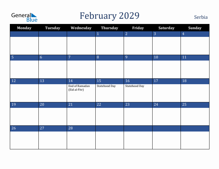 February 2029 Serbia Calendar (Monday Start)