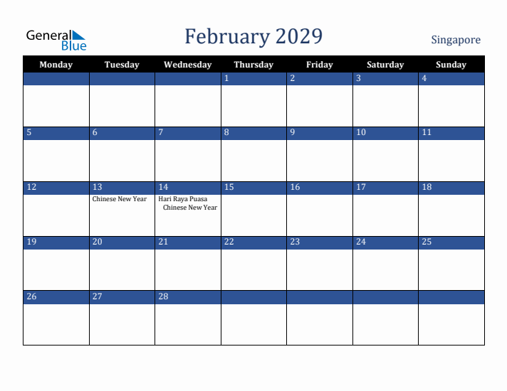 February 2029 Singapore Calendar (Monday Start)
