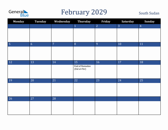 February 2029 South Sudan Calendar (Monday Start)