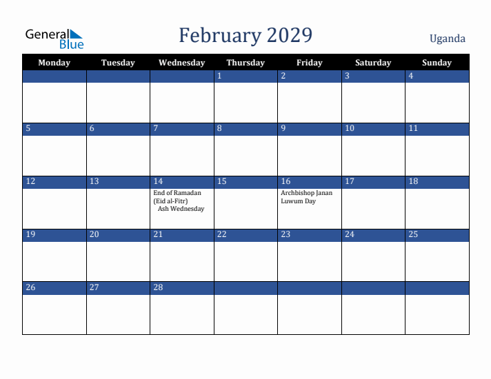 February 2029 Uganda Calendar (Monday Start)