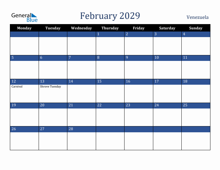February 2029 Venezuela Calendar (Monday Start)