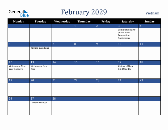 February 2029 Vietnam Calendar (Monday Start)
