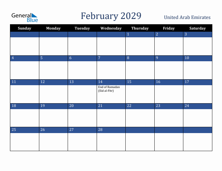 February 2029 United Arab Emirates Calendar (Sunday Start)