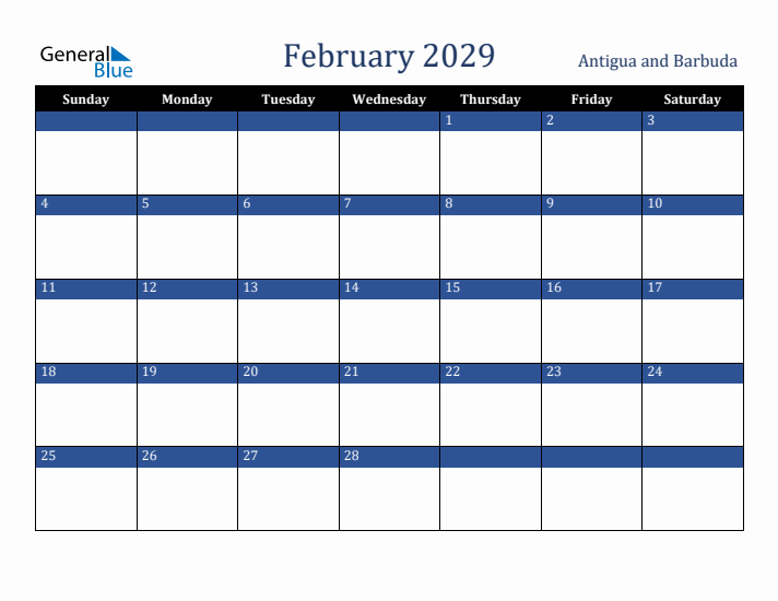 February 2029 Antigua and Barbuda Calendar (Sunday Start)