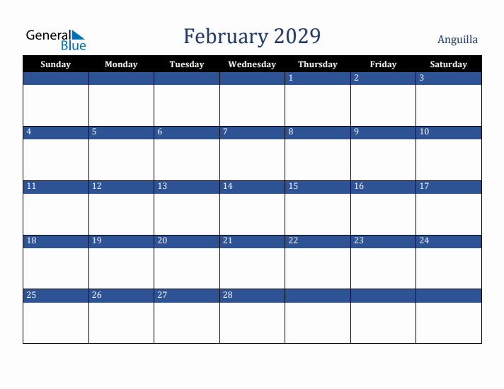 February 2029 Anguilla Calendar (Sunday Start)