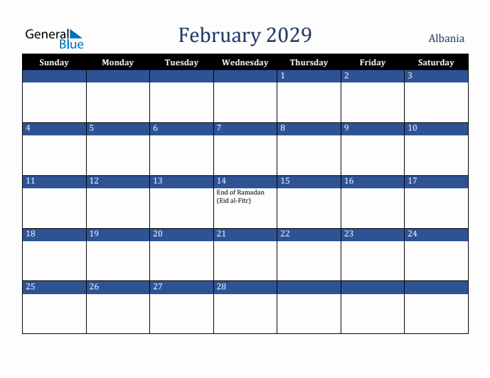 February 2029 Albania Calendar (Sunday Start)