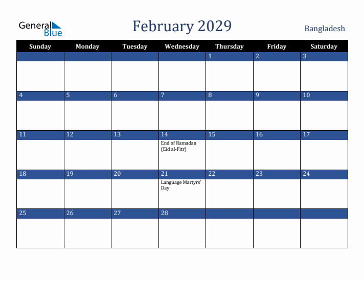 February 2029 Bangladesh Calendar (Sunday Start)
