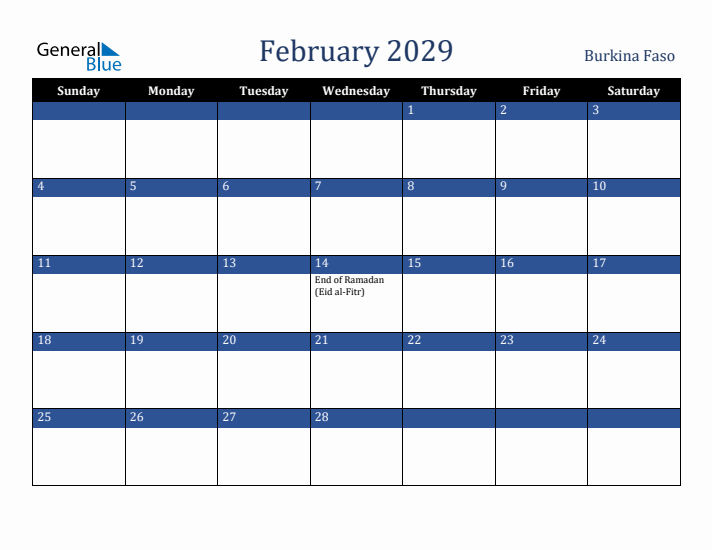 February 2029 Burkina Faso Calendar (Sunday Start)