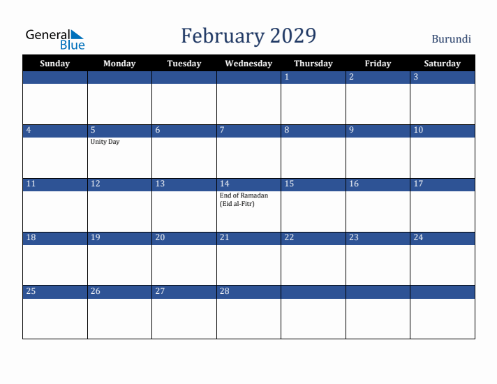 February 2029 Burundi Calendar (Sunday Start)