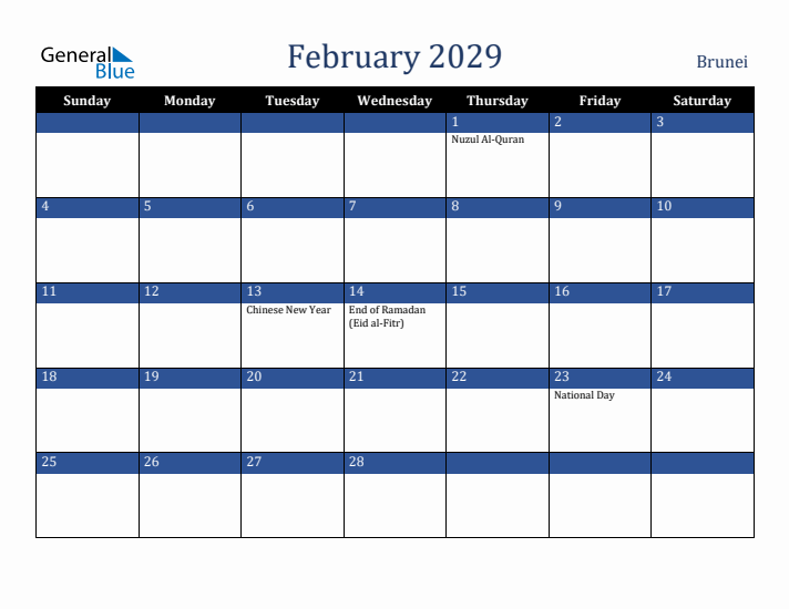 February 2029 Brunei Calendar (Sunday Start)