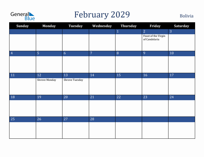 February 2029 Bolivia Calendar (Sunday Start)