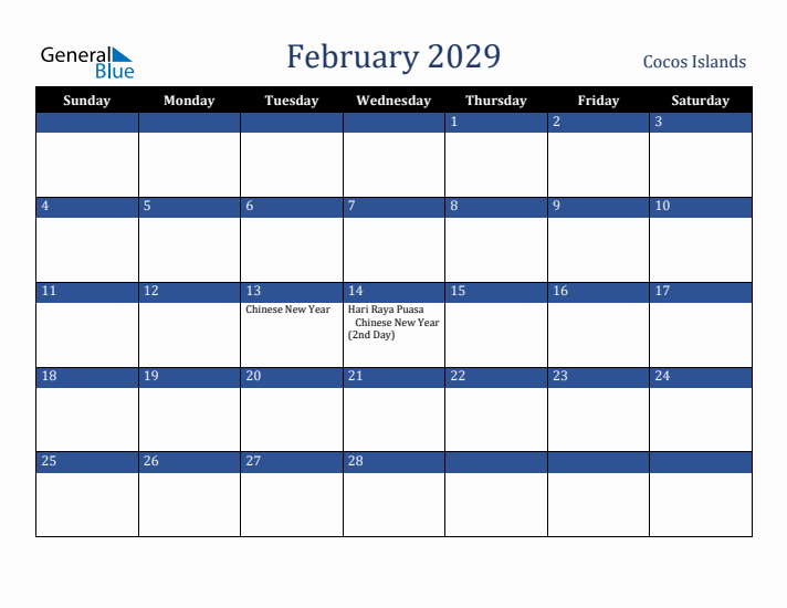 February 2029 Cocos Islands Calendar (Sunday Start)