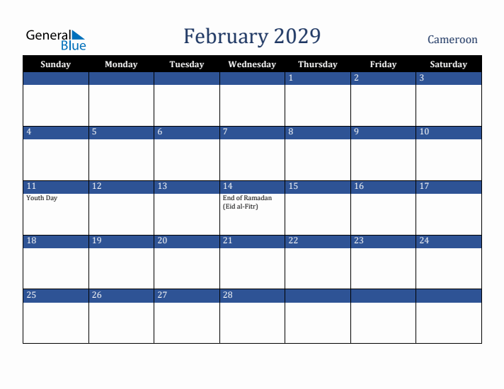 February 2029 Cameroon Calendar (Sunday Start)