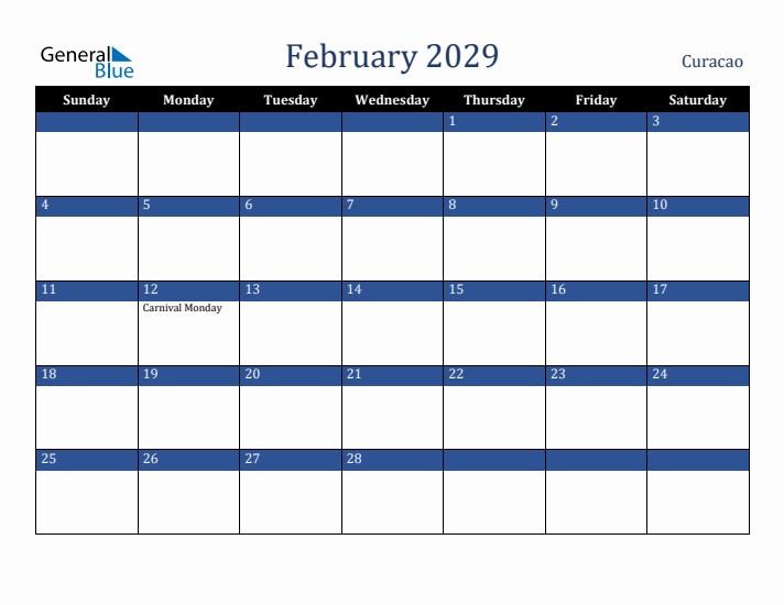 February 2029 Curacao Calendar (Sunday Start)