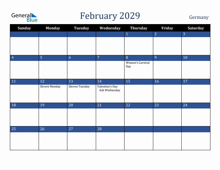 February 2029 Germany Calendar (Sunday Start)