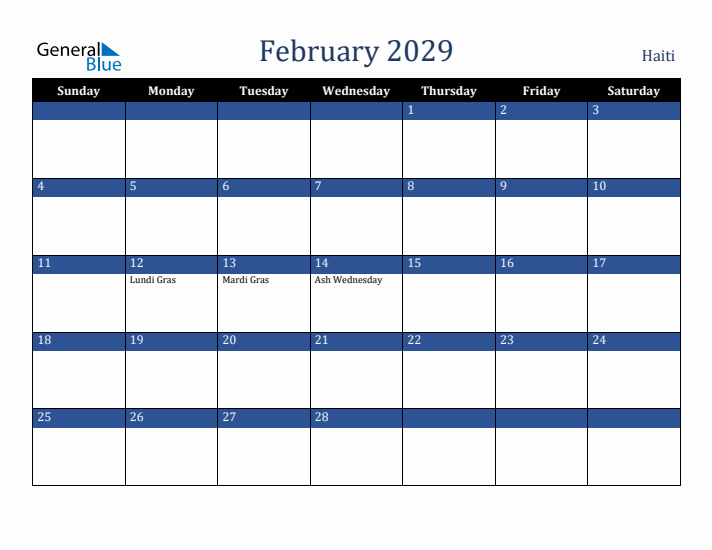 February 2029 Haiti Calendar (Sunday Start)