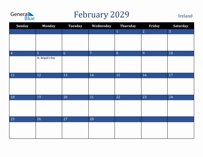 February 2029 Ireland Calendar (Sunday Start)