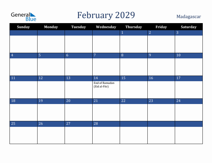 February 2029 Madagascar Calendar (Sunday Start)