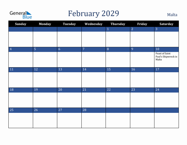 February 2029 Malta Calendar (Sunday Start)