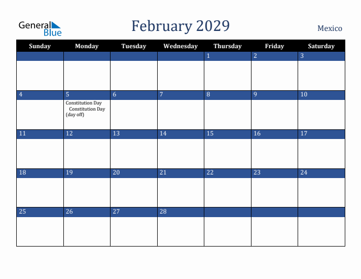 February 2029 Mexico Calendar (Sunday Start)