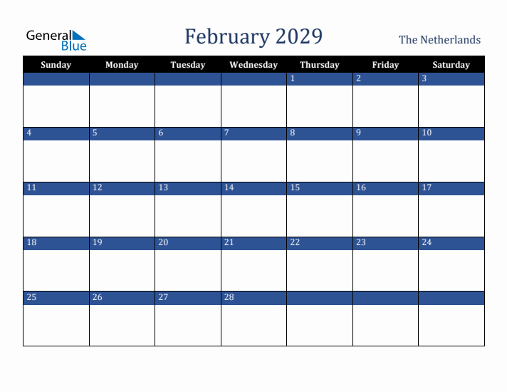 February 2029 The Netherlands Calendar (Sunday Start)