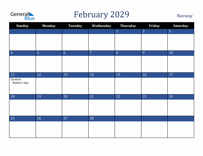 February 2029 Norway Calendar (Sunday Start)