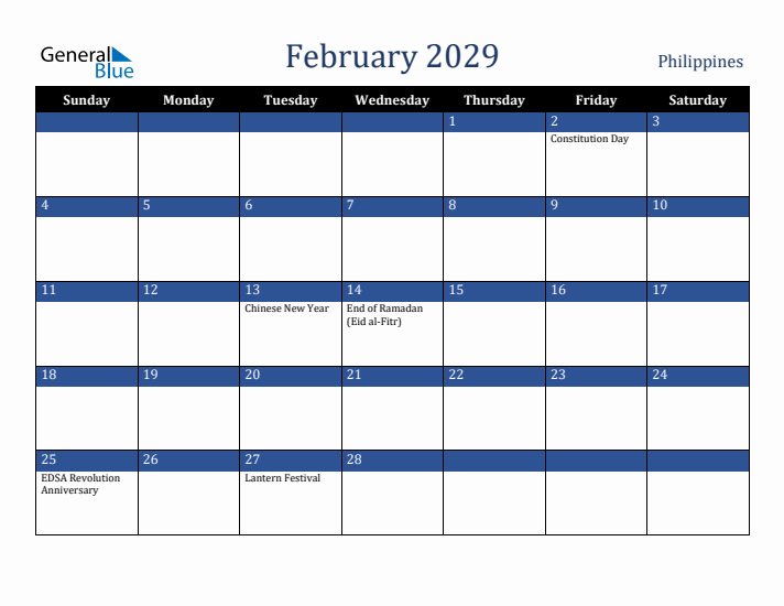 February 2029 Philippines Calendar (Sunday Start)