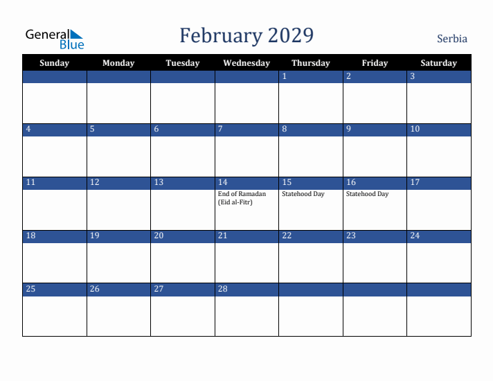 February 2029 Serbia Calendar (Sunday Start)