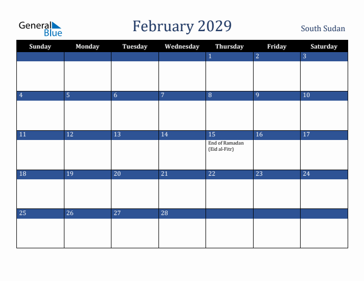 February 2029 South Sudan Calendar (Sunday Start)