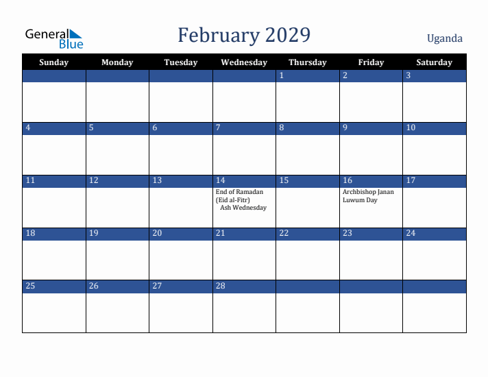 February 2029 Uganda Calendar (Sunday Start)