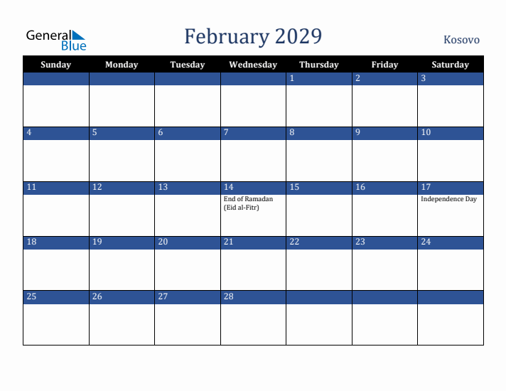 February 2029 Kosovo Calendar (Sunday Start)
