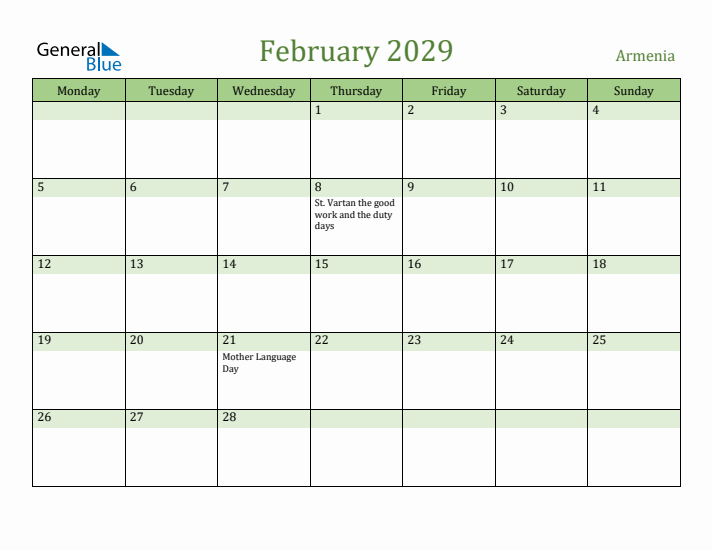 February 2029 Calendar with Armenia Holidays