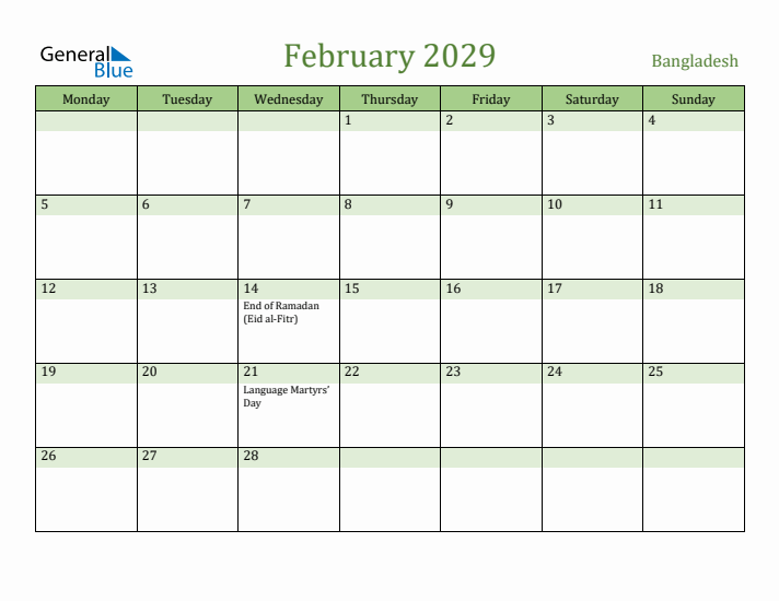 February 2029 Calendar with Bangladesh Holidays