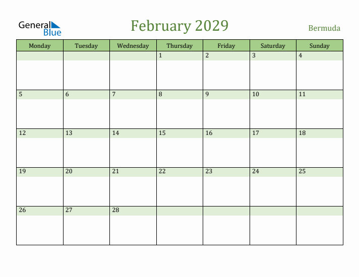 February 2029 Calendar with Bermuda Holidays