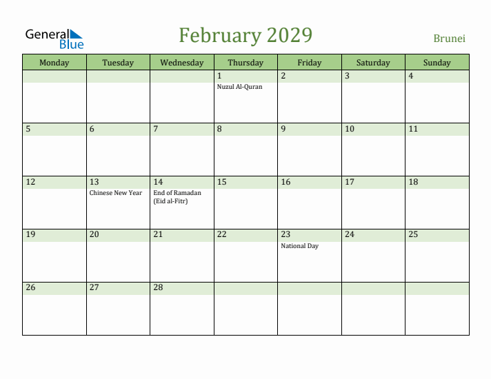 February 2029 Calendar with Brunei Holidays