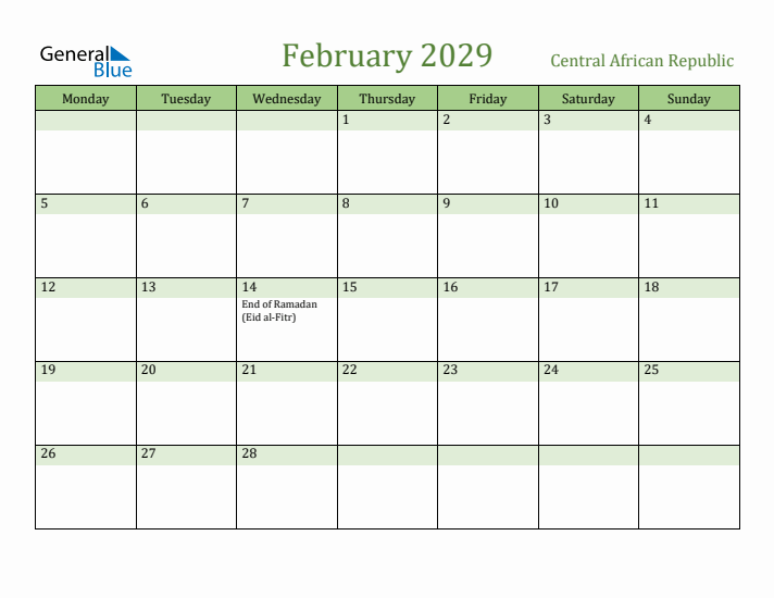 February 2029 Calendar with Central African Republic Holidays