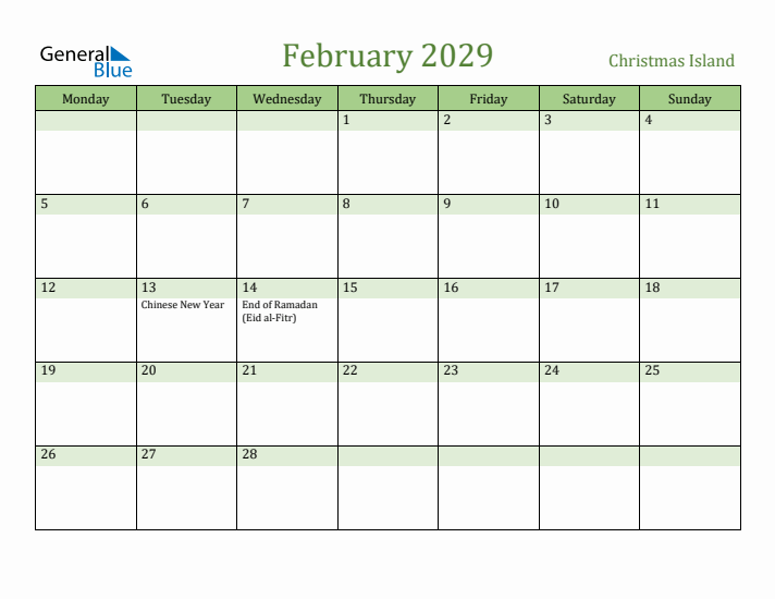 February 2029 Calendar with Christmas Island Holidays