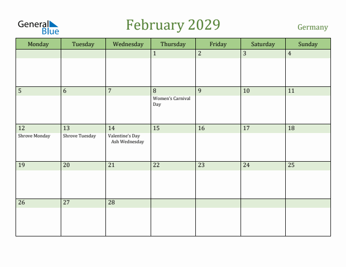 February 2029 Calendar with Germany Holidays