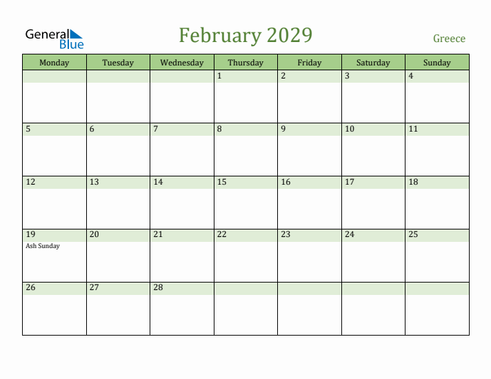 February 2029 Calendar with Greece Holidays