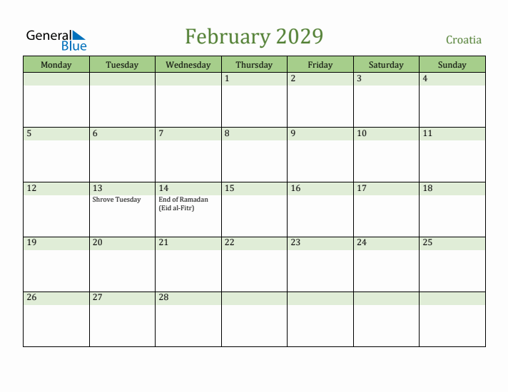 February 2029 Calendar with Croatia Holidays