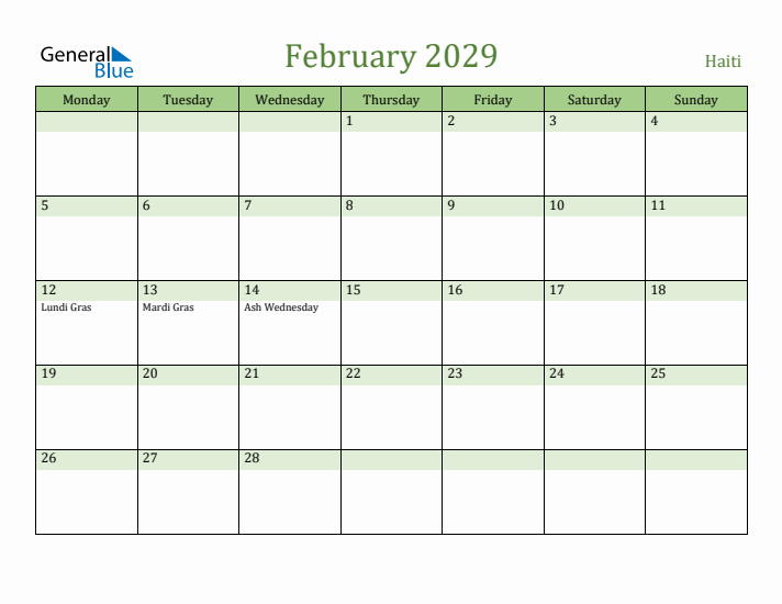 February 2029 Calendar with Haiti Holidays