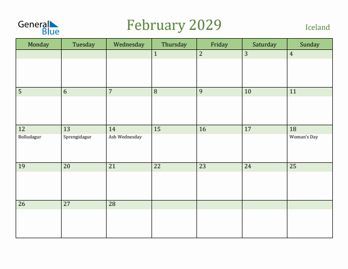 February 2029 Calendar with Iceland Holidays