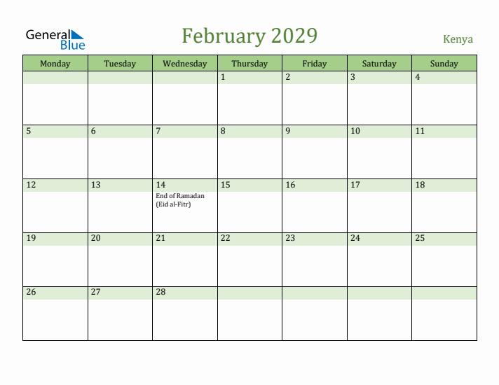 February 2029 Calendar with Kenya Holidays