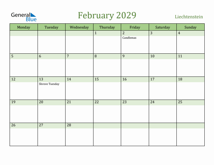 February 2029 Calendar with Liechtenstein Holidays