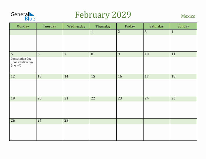 February 2029 Calendar with Mexico Holidays