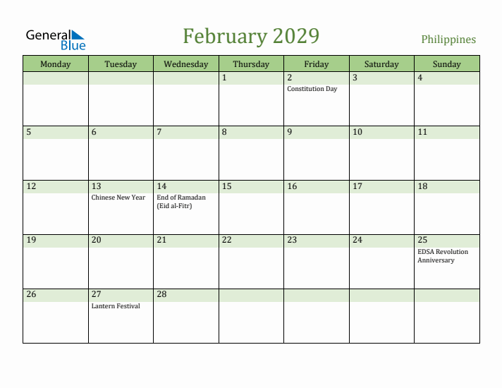 February 2029 Calendar with Philippines Holidays