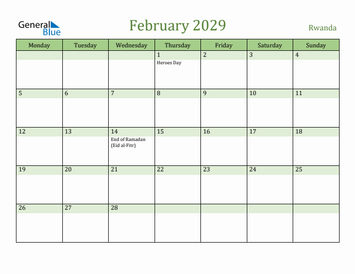 February 2029 Calendar with Rwanda Holidays