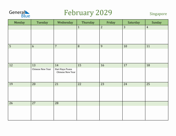 February 2029 Calendar with Singapore Holidays