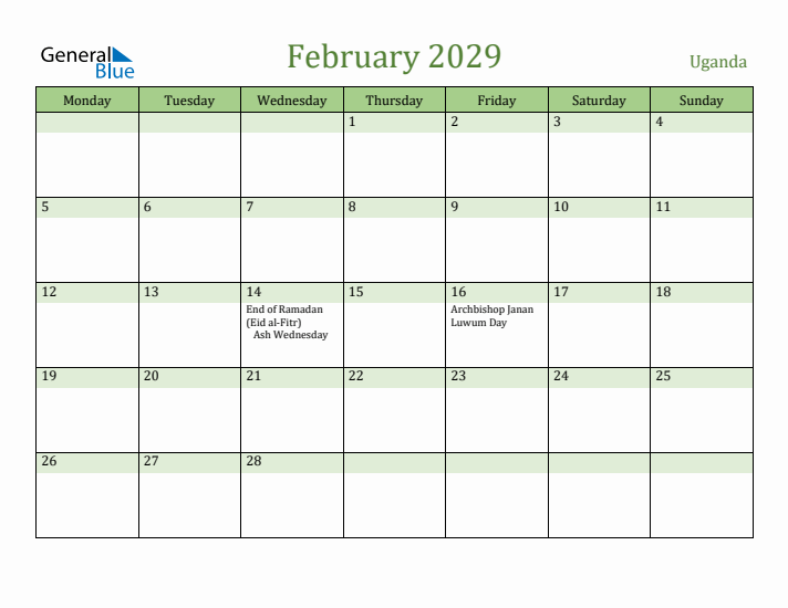 February 2029 Calendar with Uganda Holidays